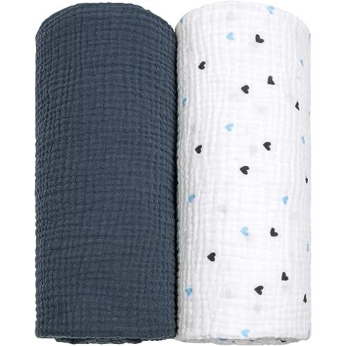 lulumoon Muslin Swaddle Blanket Baby Receiving Blankets Neutral, 2 Pack, Dark Blue