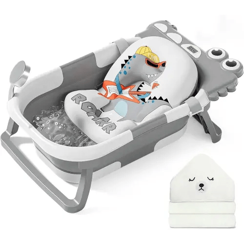 MoreFeel Collapsible Baby Bathtub for Newborn with Thermometer & 1 Hooded Towel & 1 Soft Floating Cushion,Portable Travel Bathtub with Drain Hole, Durable Foldable Baby Tubs for Infants to Toddler