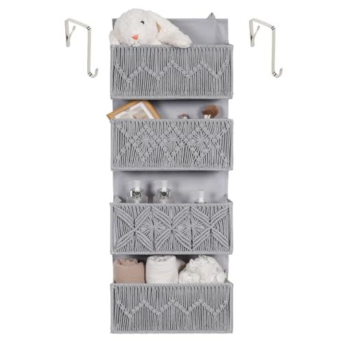 Avidanza Macrame Over the Door Organizer Boho Decor Nursery Storage, Leaf Weaving Closet Storage, 4 Hanging Pockets, Behind Door for Bathroom, Bedroom,Grey