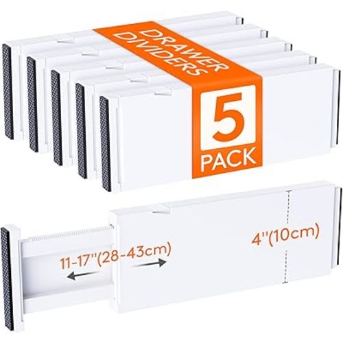 Lifewit 5 Pack Drawer Dividers 4" High, 11-17" Adjustable Dresser Drawer Organizers for Clothes, Expandable Dresser Separators in Bedroom/Bathroom/Kitchen/Vanity/Office Organization and Storage, White