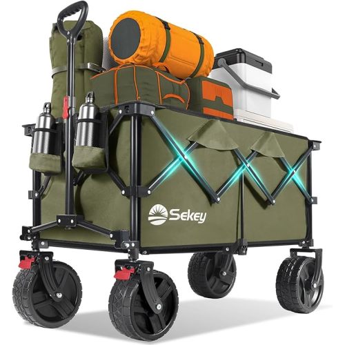 Collapsible Wagon Cart with Big All-Terrain Beach Wheels, Foldable Heavy Duty Wagons with Cup Holders, Utility Carts for Camping, Garden, Outdoor, Grocery, Sports. Khaki