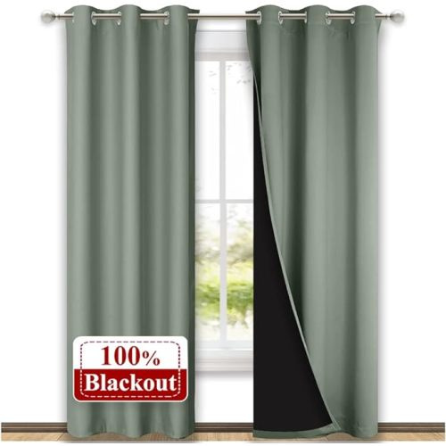 NICETOWN Greyish Green Blackout Curtains 84 inches Long, Full Light Blocking Drapes with Black Liner for Nursery, Noise Reducing Thermal Insulated Draperies for Doorway (2 Pieces, 37" Wide per Panel) - W37 x L84