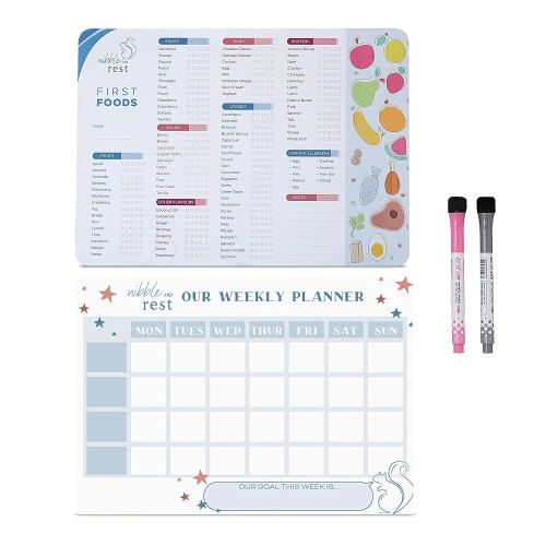 Baby's First Foods Tracker Fridge Magnet + Weekly Planner Schedule Board for Family, Dry Erase Activity Poster, Daily Food Log with 2 Erasable Pens