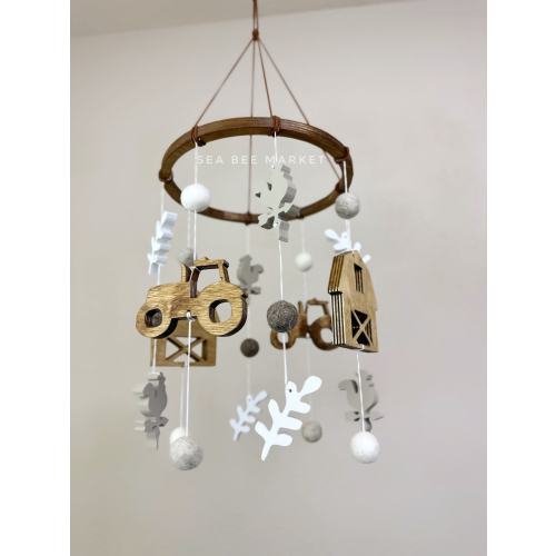 Farm Crib Mobile | Farm Animal Nursery Decor | Country Western Nursery Mobile | Wooden Tractors, Barn, Weather Vanes, Crops