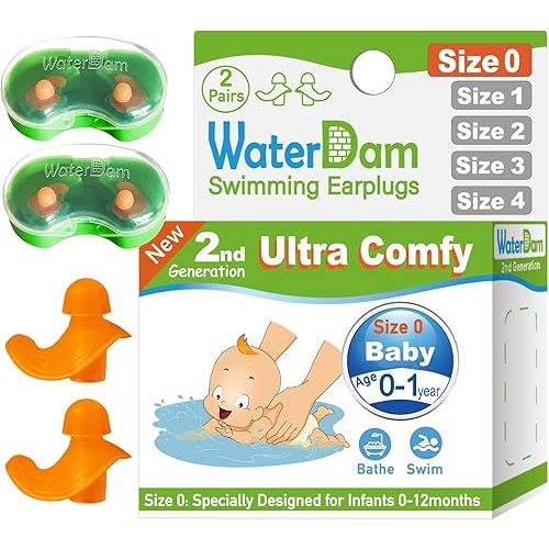 WaterDam Swimming Ear Plugs Great Waterproof Ultra Comfy Earplugs Prevent Swimmer's Ear (Size 0: Baby 0-1 Year (Orange))