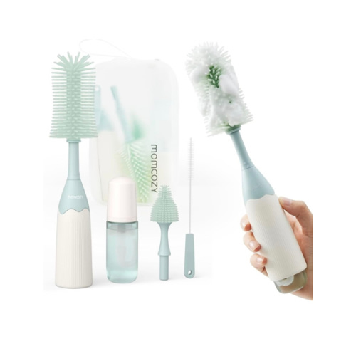 Momcozy Bottle Brush Kit, Innovative Push-Press Design for Better Cleaning - Baby Bottle Cleaner Brush for Baby Bottle, Breast Pumps, Nipples, and More - Can Generate Foam for Better Cleaning, Green