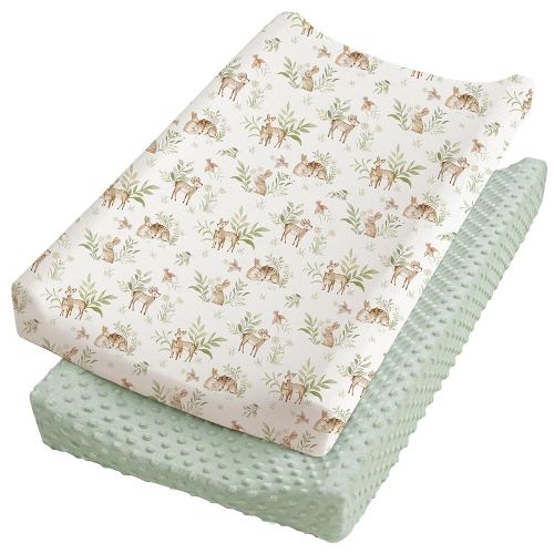 Konssy 2 Pack Minky Changing Pad Cover，Soft Minky Dots Plush Diaper Changing Table Cover Set, Breathable Changing Pad Sheets for Baby Girls Boys (Woodland,Sage)