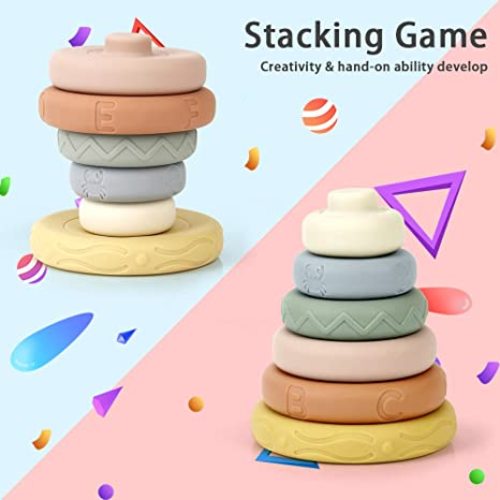 Mini Tudou 6 Pcs Stacking & Nesting Circle Toy,Soft Building Rings Stacker & Teethers,Squeeze Play with Early Educational Learning Stacking Tower, Best Gift for 6+ Months Boys&Girls - A Original