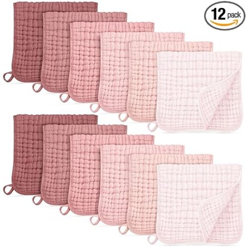 Unnivoll Muslin Burp Cloths for Baby 100% Cotton Burping Cloths for Boys Girls Large 20''X10'' Extra Soft and Absorbent 12 Pack - Gradient Pink