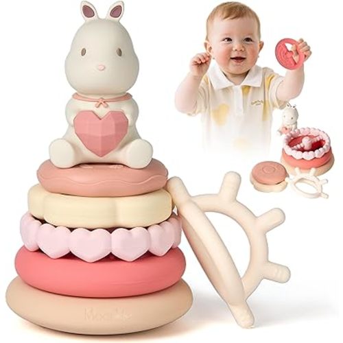 Moonkie Bunny Baby Stacking Toys | 7-Piece Silicone Rings for Teething Relief | Educational Toy for Infants & Toddlers 6 Months+ | Baby Girl Essentials