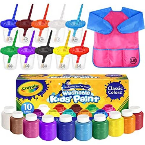 Washable Kids Paint 10 Colors, 10 No Spill Paint Cups For Kids With Lids, 10 Paint Brush Set, Waterproof Kids Smock – Christmas Gifts for Kids, Washable Paint Set For Kids, Finger Painting Supplies