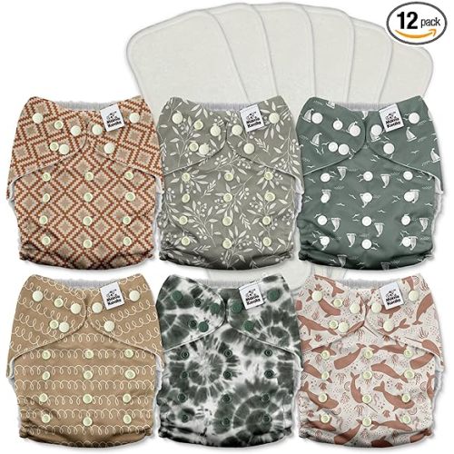 Mama Koala 3.0 Pocket Cloth Diapers for Babies with AWJ Lining, 6 Pack with 6 5-Layer Natural Cloth Diaper Inserts - Reusable and Washable Pocket Diapers(A-Calm Spring)