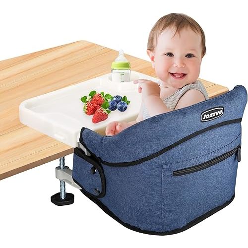 Hook On High Chair, Jozzve Clip on High Chair with Removable Dining Tray for Babies and Toddlers, Fold-Flat Storage Portable Baby Feeding Seat, Attach to Fast Table Chair for Home Travel (Navy)