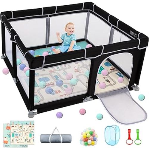 Baby Playpen, Baby Playpen with Mat, Durable and Secure Baby Play Pen, 50”×50” Playpen Kids Activity Play Center, Equipped with Anti-Slip Suckers and a Zipper Gate(Black)