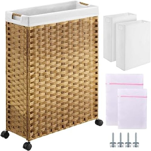 Greenstell Laundry Hamper with Wheels, 17.4 Gallon (66L) Slim Laundry Basket with 2 Removable Liner Bags & 2 Mesh Bags, Narrow Rattan Clothes Hamper for Bedroom, Laundry Room, Bathroom, Natural