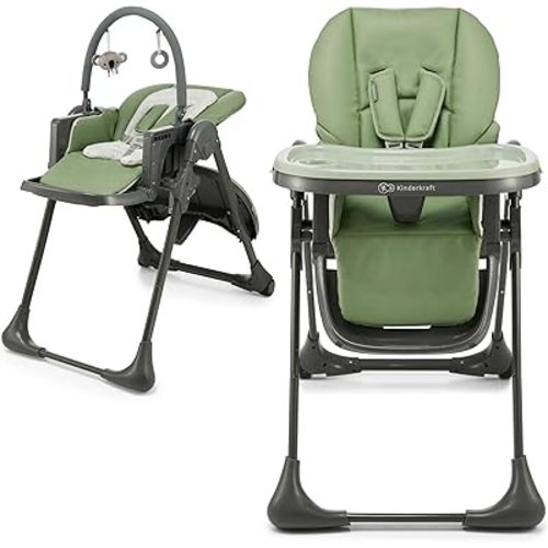 Kinderkraft Tummie, 2-in-1 high Chair, Baby Chair, Ergonomic, Comfortable, Reclining, Foldable, with Ajustable Height, Footrest, Detachable Tray, for Toddler, with Toys, Green