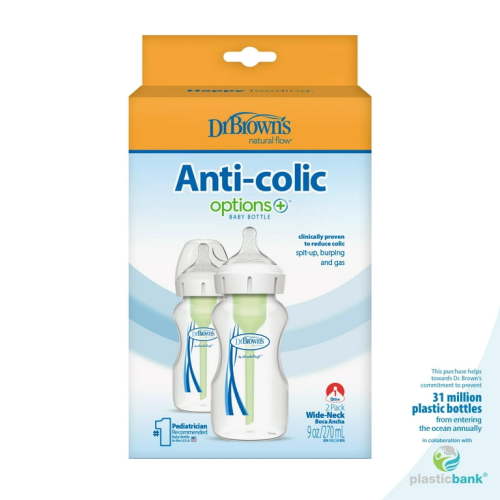 Dr. Brown’s Natural Flow Anti-Colic Options+ Wide-Neck Baby Bottle, 9 oz/270 mL, Level 1 Nipple, 2-Pack, 0m+