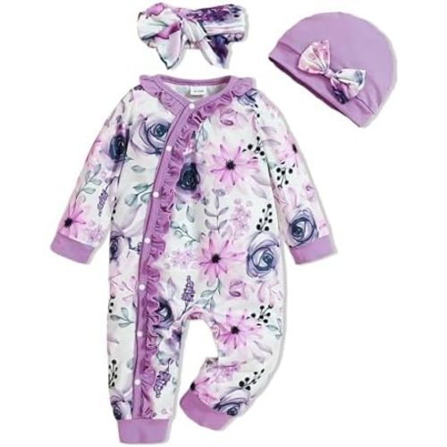 Newborn Baby Girl Clothes Infant Floral Print One-Piece Romper+Jumpsuit+Bodysuit+Hat+Headband