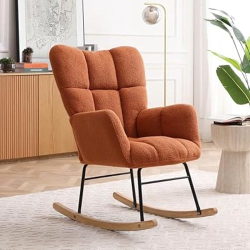 Nursery Rocking Chair, Boho Accent Ottoman, Teddy Upholstered Glider Rocker with High Backrest, Recliner Function and Foot Rest for Living Room, Small Spaces, Bedroom, Orange