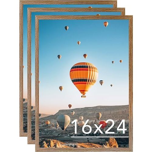 16x24 Picture Frame Set of 3 for Poster Photo Picture and 40x60 cm Canvas, Horizontal and Vertical Formats for Wall Hanging, 16 x 24 Wall Gallery Poster Photo Frame, 3 Pack, Rustic Brown