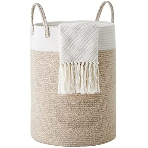 Cotton Rope Laundry Hamper by YOUDENOVA, 58L - Woven Collapsible Laundry Basket - Clothes Storage Basket for Blankets, Laundry Room Organizing, Bedroom Storage, Clothes Hamper – Brown & White