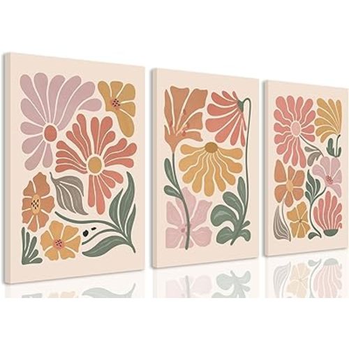 TBKHUDBI Boho Flower Canvas Wall Art Abstract Floral Pictures Prints Set of 3 Minimalist Botanical Painting Poster Flower Market Aesthetic Wall Decor for Living room Bedroom 12"x16" Framed