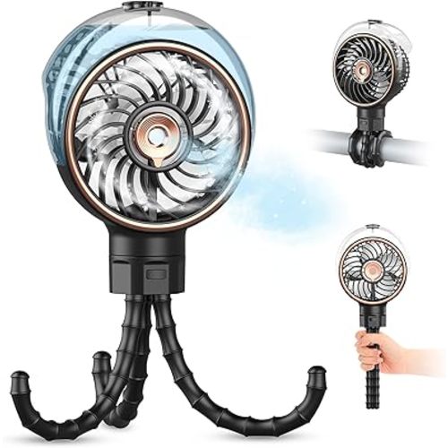 Ausic Stroller Fan with Mist, 100ml Misting Portable Fan for Stroller, Safe Baby Fans with Detachable Tripod, Baby Essentials, Clip on Fans for Crib, Treadmill, Car Seat, Outdoor, Beach, Golf Cart