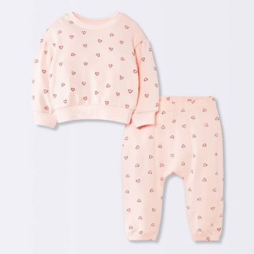 Baby Girls' 2pc Christmas Holiday Candy Cane Heart Fleece Sweatshirt and Jogger Pants Set - Cloud Island™ Pink