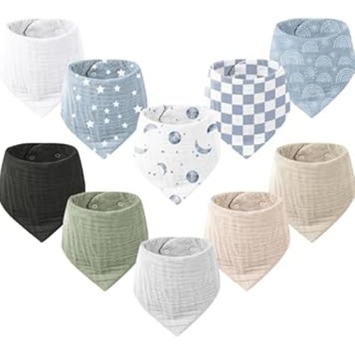 Konssy Muslin Baby Bibs 10 Pack Baby Bandana Drool Bibs 100% Cotton for Unisex Boys and Girls, Soft Absorbent Set for Teething and Drooling