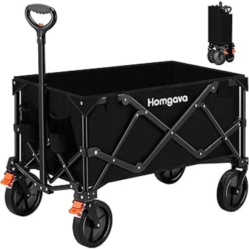 Collapsible Folding Wagon Cart with Brakes,Heavy Duty Garden Cart with All Terrain Wheels,Portable Large Capacity Utility Wagon Cart for Camping Fishing Sports Shopping,Black & Orange