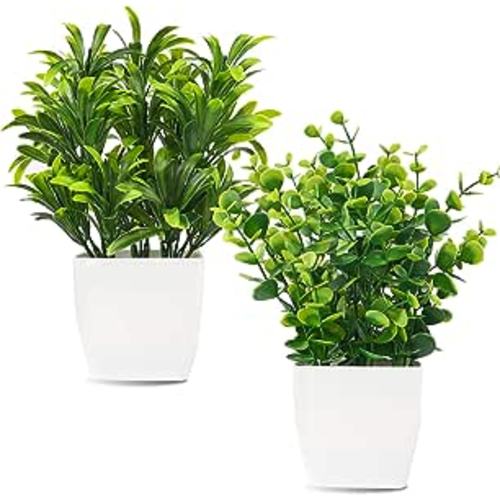 Whonline 2pcs Small Fake Plants in White Planters, Artificial Plants for Home Decor Indoor, Plastic Eucalyptus Plants for Office Desk Bathroom Bedroom Greenery Decoration : Home & Kitchen
