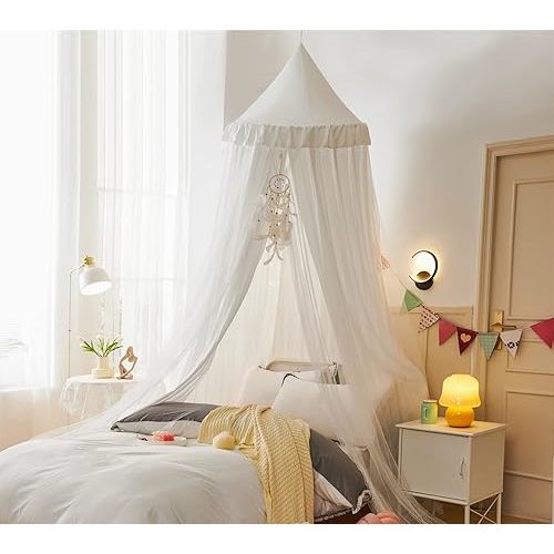 VETHIN Bed Canopy for Kids with Lights,Double Layer Princess Round Dome Children Dreamy Mosquito Net Bedding Girls Room Castle Play Tent Hanging House Decor Reading Nook Canopies(White/White)