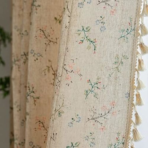 ENJOYBRIDAL Floral Living Room Curtains 84 Inches Long Doorway Vintage Semi Sheer Drapes Farmhouse Nursery Bohemian Window Curtain Panels with Tassel Beige Rod Pocket Bedroom Drapes, 1 Panel