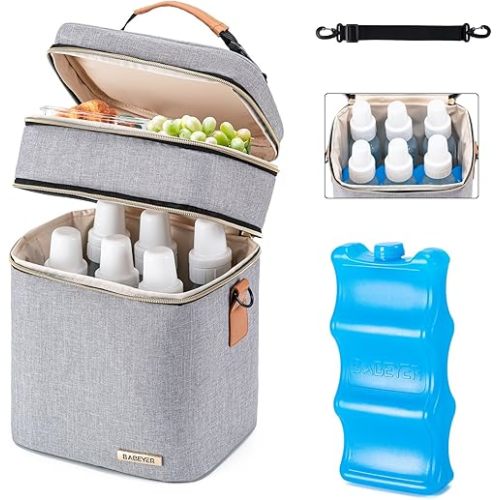 Breastmilk Cooler Bag with Ice Pack Fits 6 Baby Bottles Up to 9 Ounce, Double Deck Leak-Proof Baby Bottles Bag with Shoulder Strap for Nursing & Working Mom, Grey