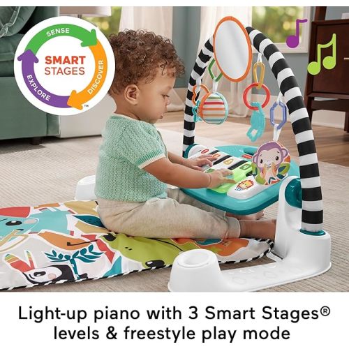 Fisher-Price Baby Playmat Glow and Grow Kick & Play Piano Gym, Blue Musical Learning Toy with Developmental Activities for Newborns 0+ Months