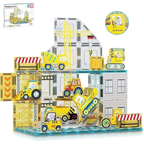 PicassoTiles Magnet Tiles Magnetic Building Blocks with 8 Construction Vehicles Crank Truck Excavator Bulldozer Road Roller Concrete Mixer Tractor Dump Truck Forklift Toys Learning Kids Ages 3+ PTQ11