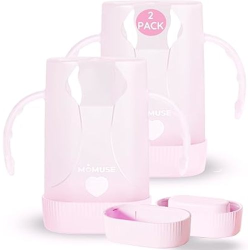 MOMUSE Dual-Lid Squeeze Pouch Holder for Food Pouches & Drink Boxes, Baby Pouch Holder with Larger Capacity, Versatile Design for Self-Feeding, Anti-Squeeze Pouch Holder No Spill No Mess, 2PC Pink