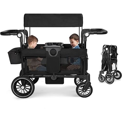 Foldable Wagon Stroller, All-Terrain Stroller for 2 Kids, Kids Wagon Cart Featuring with Harnesses, Adjustable Double Push Handle, Convert to Baby Bassinet, Large Storage Bag, Black