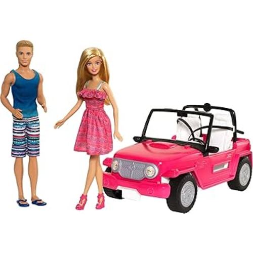 Barbie Car Beach Cruiser with Barbie Doll in Sundress & Ken Doll in Beach Outfit, Pink 2-Seater Open Toy Car (Amazon Exclusive)