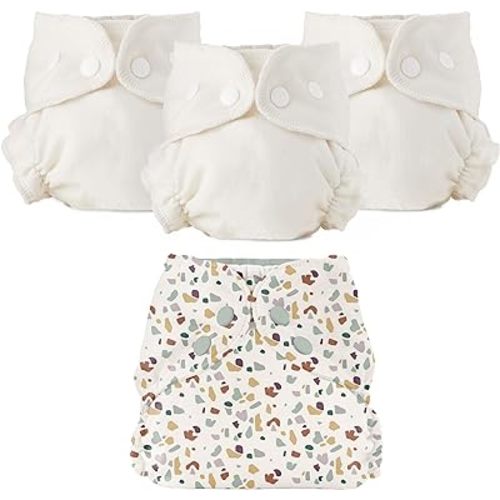 Esembly Cloth Diaper Bundle Set, 3 Organic Absorbent Inners and 1 Waterproof Recycled Diaper Cover, Reusable Washable Diapers with Snap Closure, Size 2 (18-35lbs), Terrazzo