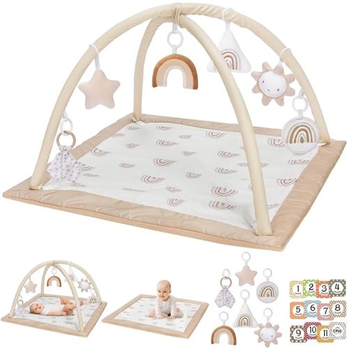 Washable Tummy Time Mat, Baby Play Gym with 6 Featured Toys and 12 Milestone Cards, Baby Gym for Infant & Toddler, Deluxe Larger Baby Play Mat, Baby Play Mats for Floor, Non Slip Mat - A Rainbow