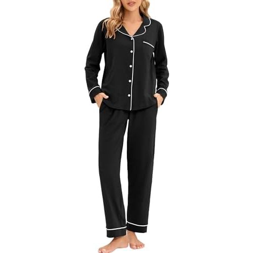 LUBOT 100% Cotton Pajamas for Women PJ Set Soft Button-Down 2 Piece Set Knitted Long Sleeve Sleepwear Loungewear XS-XXL