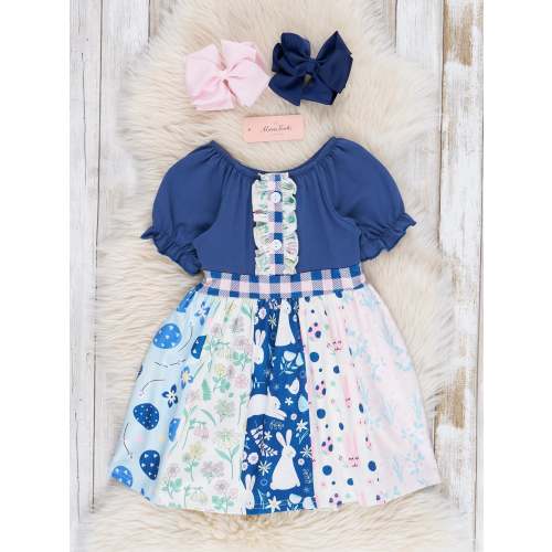 Navy Bunny Leaps Ruffle Dress