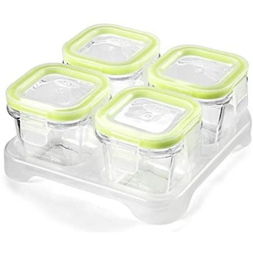 Matyz Glass Baby Food Storage Containers with Airtight Lids & Stackable Tray - 3 Ounce Small Freezable Toddler Solid Food Container for Easily Portion - Microwave Freezer Safe (Set of 4, Green)