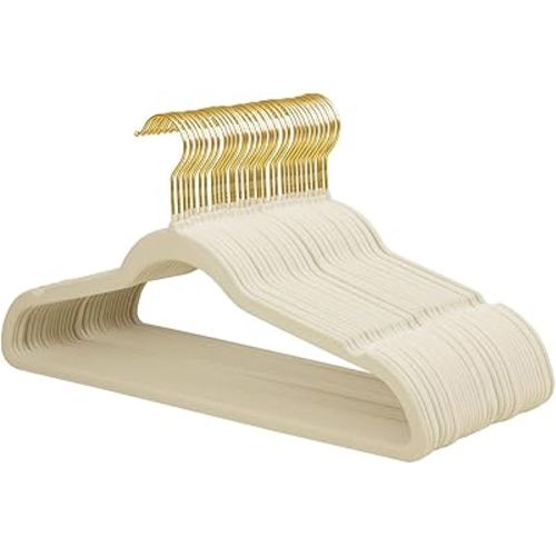 ManGotree Velvet Hangers, Coat & Suite Hangers, No-Slip Felt Hangers, Ultra-Slim Space Saving Hangers, Sturdy Clothes Hangers, 360° Swivel Golden-Plated Hook, 36 Pack (Beige)