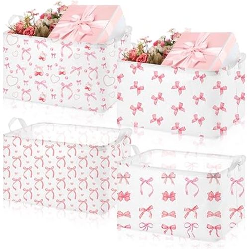Chunful 4 Pcs Coqutte Pink Bow Storage Baskets Cute Preppy Pink Hamper Storage Bins Foldable Laundry Baskets with Handle Collapsible Organizer for Home Bathroom, Offices, Bedrooms