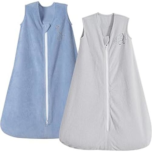 PHF Warm Micro-Fleece Baby Sleep Sack 6-12 Months, Soft Baby Wearable Blanket, 2-Way Zipper Sleeping Bags, 2 Pack Comfy Sleeping Sack for Infant Newborn Boys, Medium Size, Grey & Dark Blue