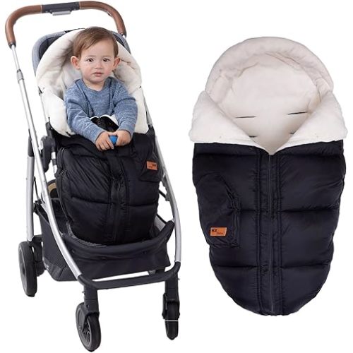 Stroller Footmuff, Stroller Cover for Winter, Front Panel Removeable Stroller Sleeping Bag, Adjustable Length Baby Stroller Blanket winter with Soft Hood, Fleece Lined Stroller Warmer Cover
