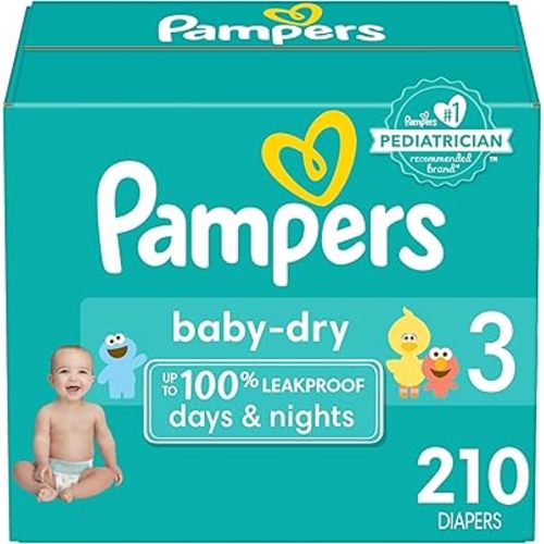 Pampers Baby Dry Diapers - Size 3, One Month Supply (210 Count), Absorbent Disposable Diapers
