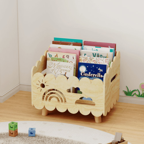 Wood Kids Bookshelf, Montessori Bookshelf, With 2 Adjustable Dividers, Suitable Kids Rooms, Nursery & Classroom, Kids Bookshelf And Toy Storage, Toddler Book Rack, Nursery Book Shelves, Wood color